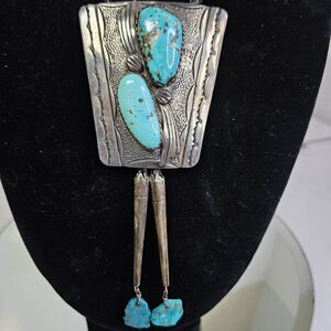 Navajo Turquoise And Sterling Native American Bolo SIGNED. Large, Bold, Proud.